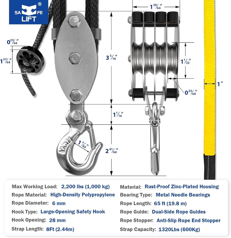 SALIFTFE Block and Tackle Pulley System w/ 2 Lift Sling Straps, Upgraded 4-Wheel Rope Hoist w/Dual Guide Wheels & Wide-Opening Hooks, 8:1 Lifting Power, 65FT x 1/4" Rope for Garage, Hunting, Lifting - Image 2